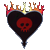 A static pixelated icon features a black heart shape with red skull and crossbones at center, topped by orange-red flames on gray background.