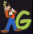 Pixelated cartoon character in orange shirt and blue pants holding a white object, standing next to large green letter G on dark background.