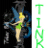 A pixelated figure with yellow hair and green clothing stands against a dark background, next to vertical green text reading TINR.