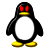 Pixelated penguin mascot with black body, white belly, yellow beak and feet, red eyes on a transparent background.