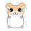 Pixelated hamster character with orange-brown head and white body in various poses including open eyes, closed eyes, and back view.
