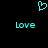 Cyan pixelated heart symbol above two cyan 'Love' text instances on black background.