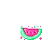 Pixelated watermelon slice icon with animated text above it, showing sequential changes in the word 'yummy' and small pink dots rising from the top.