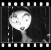 Black-and-white cartoon character with large eyes and open mouth, framed by film strip borders across five