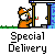 Animated contact sheet of a pixel art pizza delivery sequence featuring an orange cartoon character with white face and red mouth, showing various actions at a door including holding a pizza box, interacting with text bubbles, and delivering food.
