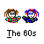 Pixel art character with brown hair and gray face in colorful checkered outfit, paired with blue-red striped-hair variant; text "The 60s" below.