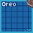 Animated contact sheet of a pixelated Oreo cookie icon with nine frames showing sequential motion against a blue grid background, including partial views and milk splashes.
