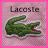 Two side-by-side animated frames of a pixelated green crocodile logo with open mouth on pink background, each labeled "Lacoste" above the icon.