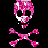 Pixelated skull and crossbones icon with pink, purple, white, and black colors on a solid black background.