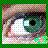 Pixelated close-up of a character's face with large eye, white hair, and green border; background has pinkish-brown tones.
