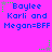 Pixelated text on bright pink background with green and gray star-shaped animations; three identical of blue text reading "Baylee Karli and Megan=BFF"