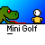Animated sequence showing a green dinosaur and yellow-shirted character interacting with golf elements on blue and green backgrounds.