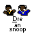 Pixelated character with dark skin and black hair wearing gold chain, shown in two poses: one with arms raised and another with hands near face, both under text reading 'Dre an snoop'.