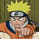 Yellow-haired character in orange jacket points finger with mouth open, wearing silver headband with black symbol against wooden background.