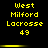 Yellow pixelated text on black background reads "West Milford Lacrosse 49" in two , with horizontal yellow bars separating the top and bottom sections