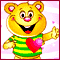 Yellow cartoon bear with pink inner ears wears green-yellow striped shirt and holds red-pink heart, smiling in two sequential poses.