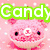 Animated pink cartoon character with large eyes and a smiling mouth, holding a red heart-shaped balloon with a white stick, set against a pink background with white sparkles.