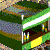 Pixelated image of a lemonade stand with green canopy, white structural elements, and yellow counter area against dark background.