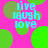 A static image with a bright pink background featuring scattered green circles and the text "live laugh love" in light blue pixelated font.