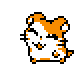 Pixelated orange and white hamster-like character with black outlines, shown in two poses with blue water droplets between them on a gray background.