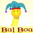Pixelated static icon of a yellow stick figure with a blue jester hat and purple pom-poms, standing above brown text reading "Bal Boa" on a light background.