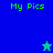 Green 'My Pics' text on blue and teal backgrounds with two pixelated stars, one green and one blue, in different positions.