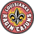 Circular red icon with white text around the perimeter and a central yellow and gray fleur-de-lis symbol.