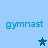 Light blue background with four instances of the word 'gymnast' in pixelated text and three star icons, one dark blue and two light blue.