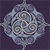 A static pixelated icon with a symmetrical, abstract spiral design in shades of blue and gray on a dark purple background.