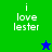 Green and blue background split into four quadrants with white text reading "i love lester" in each quadrant, two pixelated stars appear sequentially.
