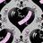 Black heart shape with pink diagonal line inside, surrounded by gray and black pixelated background with scattered pink dots.