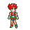 Pixel art character with red hair, green eyes, and a checkered outfit in two poses against gray background.
