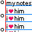 Static 48x48 pixel buddy icon featuring a contact sheet layout with four rows of text and heart symbols on white background, each row separated by blue horizontal lines.