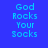 Blue background with pixelated text "God Rocks Your Socks" in light blue, featuring a green gradient effect on the bottom-left version.