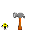 Animated sequence showing a yellow smiley face character interacting with a hammer, transitioning from static poses to dynamic swinging and impact actions.
