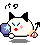 Pixel art cat with black ears and tail, blue eyes, red lips, pink cheeks, holding a purple star-shaped object; six variations show changing hand props and expressions.