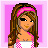 Pixel art of a female character with long brown hair and a pink headband, wearing a pink and white checkered bikini top and pink skirt, standing against a pink background.