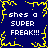 Blue background with yellow pixelated border and central starburst, displaying repeated text 'shes a SUPER FREAK!!!' in white block letters.