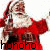 Santa Claus in red suit with white trim and black belt, arms raised, standing against white background with 'honoho' text below.