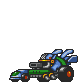 Pixel art robot in blue, green, black, and orange with multiple poses including vehicle form, standing, and weapon-wielding actions against gray background.