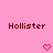 Pink background with two brown 'Hollister' texts and red pixelated hearts below each text.