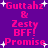 Pixelated pink text on purple background with white stars, displaying 'Guttahz & Zesty BFF! Promise' in four repeated sections with animation changes.
