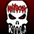 Pixelated skull icon with red dripping blood on top, black eye sockets with red pupils, and white teeth against a dark background.