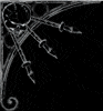 Black-and-white animated icon with ornate silver scrollwork and circular motifs, showing sequential motion of three pointed elements against a dark background.