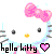 Pixelated static image of Hello Kitty's face with a pink bow, yellow nose, black eyes, and "hello kitty" text below, featuring blue and gray accents on the left side.