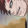 Anime character with cracked skin, red markings, and brown hair in a of four and four showing sequential mouth and eye expressions