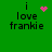 Green background with black text 'i love frankie' and four distinct pink pixelated symbols in a