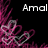 Pixelated image with black background, pink and gray abstract shapes on left, white text 'Amal' in top-right corner.