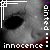 identical grayscale faces with black eye sockets and red mouth lines, each labeled 'innocence' at the bottom and 'tainted' vertically on the right, with some 'innocence' text in purple