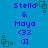 Blue background with purple text "Stella & Maya <33 :]]" and green square-shaped icons in four corners.